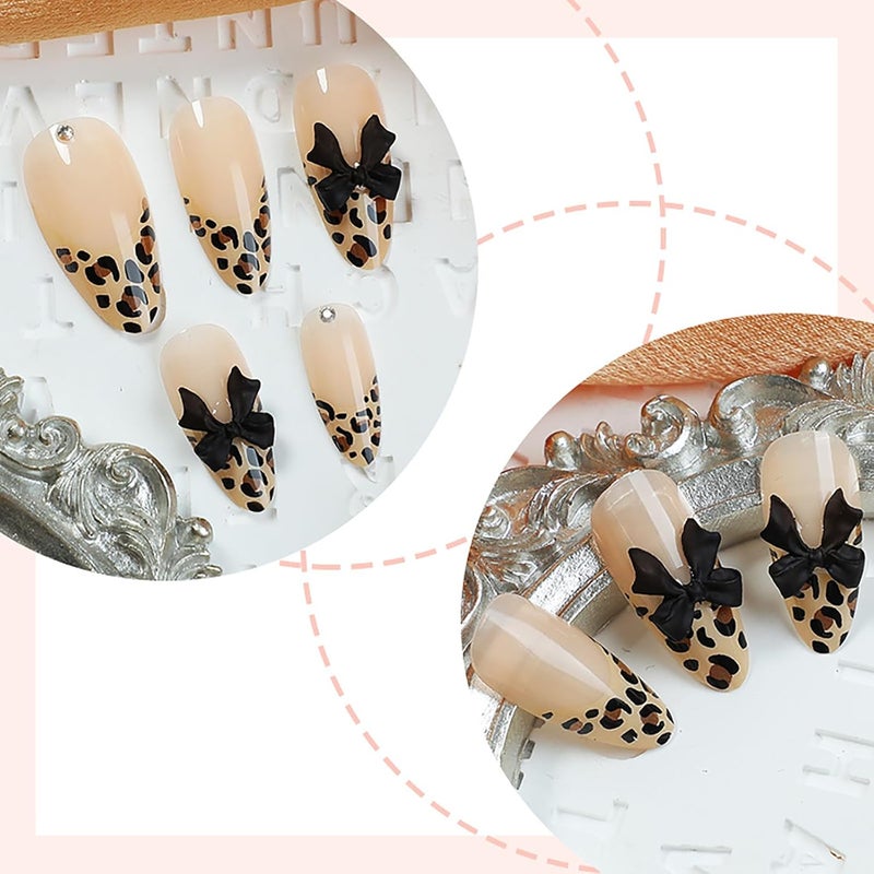 ASABITE 24 Pcs Reusable Almond Press on Nails Medium Fake Nails Leopard French Tip False Nails with 3D Bow Design Cute Acrylic Nails Press ons Holiday Glue on Nails Full Cover Artificial Nails for Women - Image 3